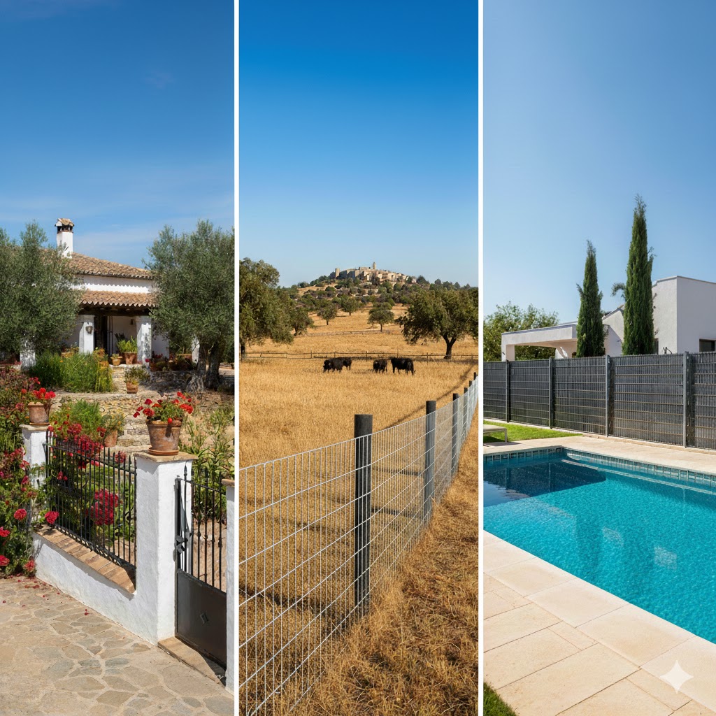 Collage de vallas: valla elegante de jardín en casa rural, vallado de malla ganadera, y valla de seguridad para piscina moderna.